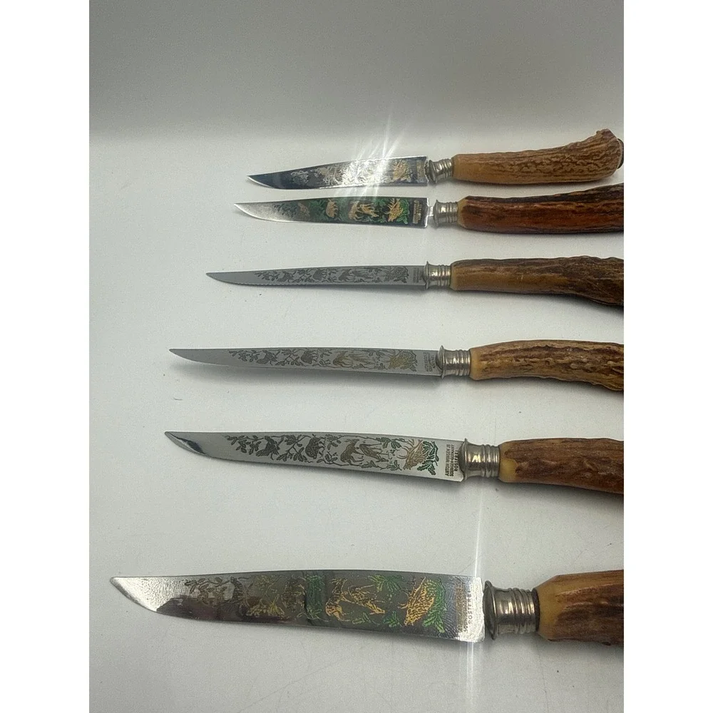 Anton Wingen Jr Solingen Germany Stag Horn Steak Knives Set of 6 Etched Hunting